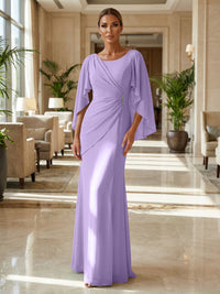 Sheath Chiffon Cape Sleeves Maxi Mother of the Bride & Groom Dresses with Ruched Waist