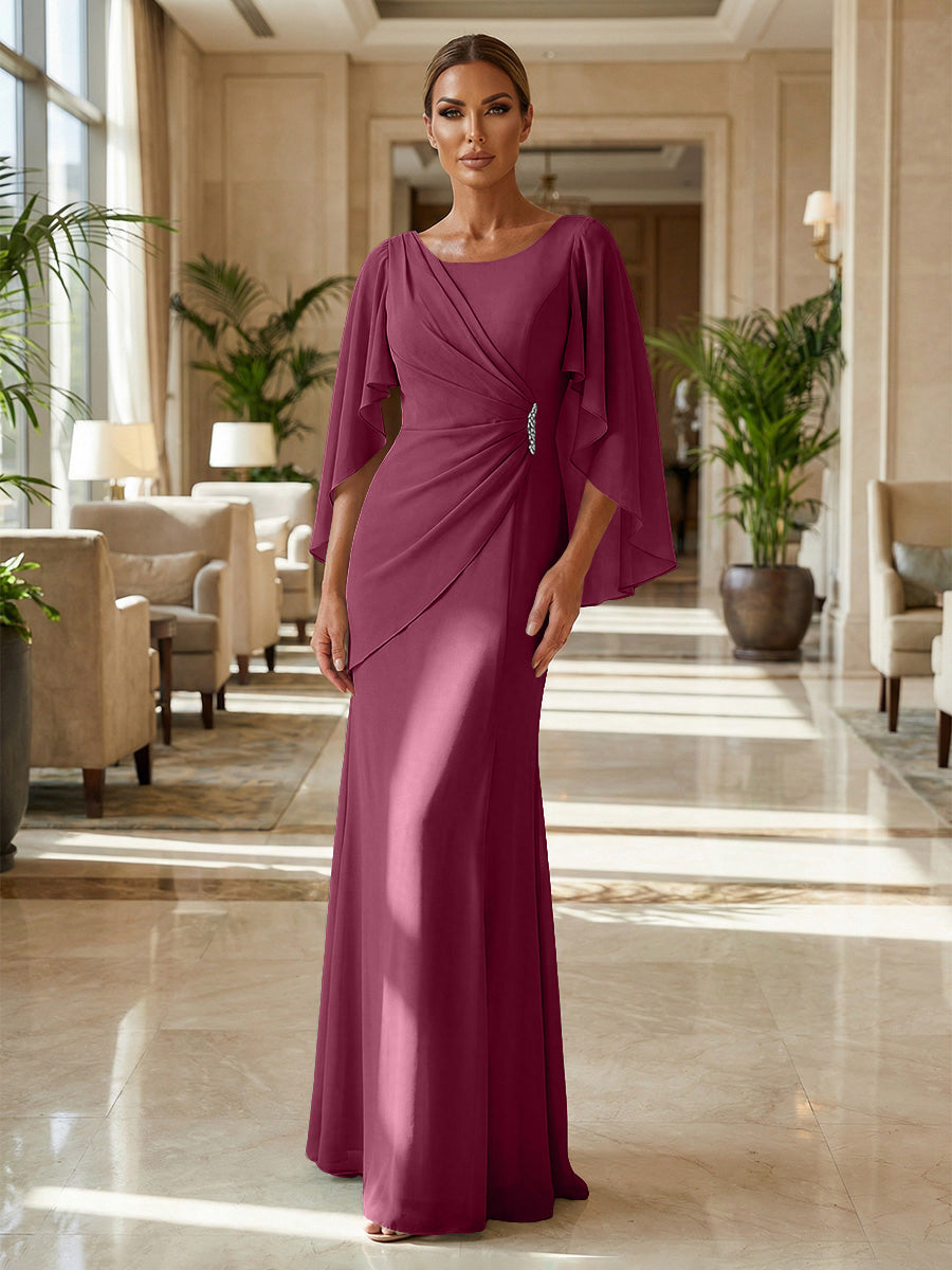 Sheath Chiffon Cape Sleeves Maxi Mother of the Bride & Groom Dresses with Ruched Waist