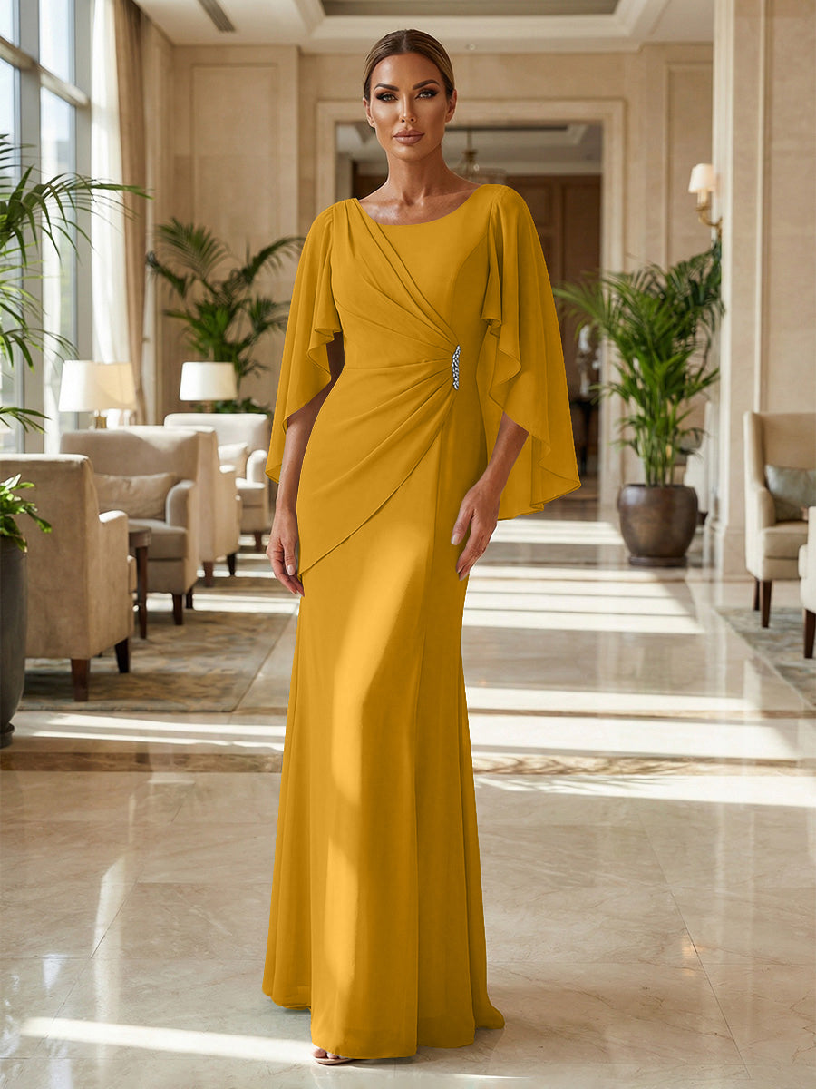 Sheath Chiffon Cape Sleeves Maxi Mother of the Bride & Groom Dresses with Ruched Waist