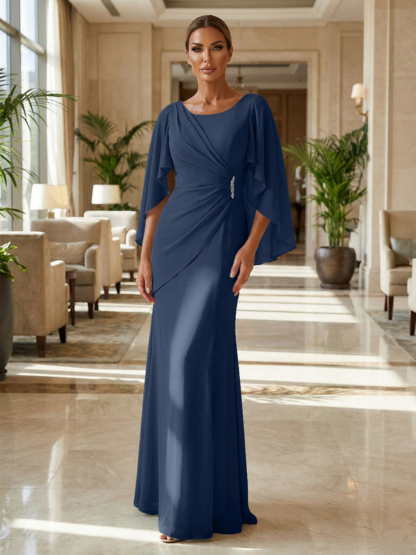 Sheath Chiffon Cape Sleeves Maxi Mother of the Bride & Groom Dresses with Ruched Waist