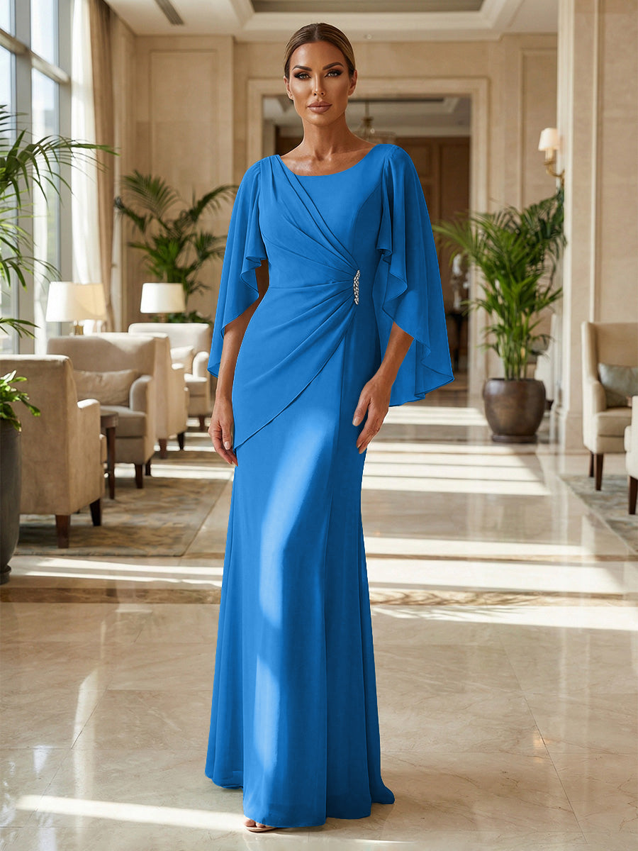 Sheath Chiffon Cape Sleeves Maxi Mother of the Bride & Groom Dresses with Ruched Waist
