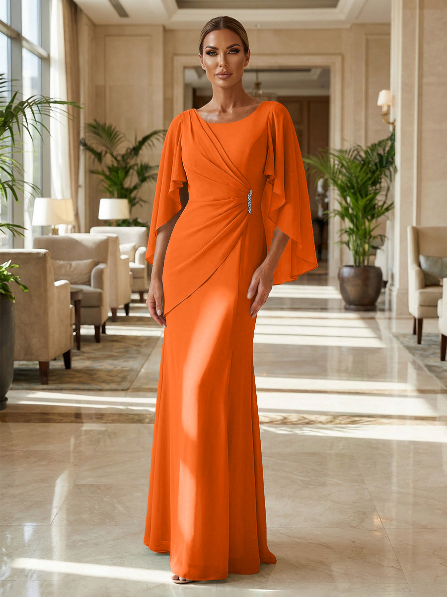Sheath Chiffon Cape Sleeves Maxi Mother of the Bride & Groom Dresses with Ruched Waist