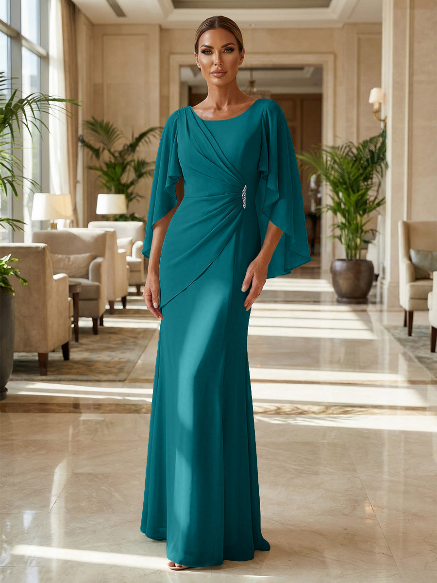 Sheath Chiffon Cape Sleeves Maxi Mother of the Bride & Groom Dresses with Ruched Waist