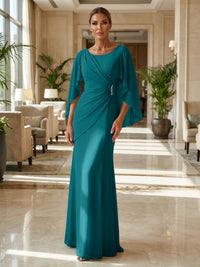 Sheath Chiffon Cape Sleeves Maxi Mother of the Bride & Groom Dresses with Ruched Waist
