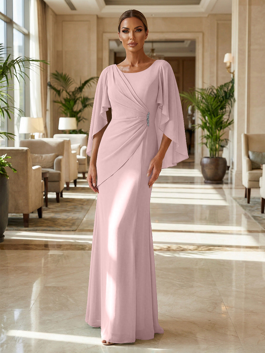 Sheath Chiffon Cape Sleeves Maxi Mother of the Bride & Groom Dresses with Ruched Waist