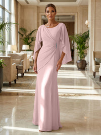Sheath Chiffon Cape Sleeves Maxi Mother of the Bride & Groom Dresses with Ruched Waist