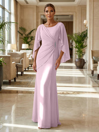 Sheath Chiffon Cape Sleeves Maxi Mother of the Bride & Groom Dresses with Ruched Waist