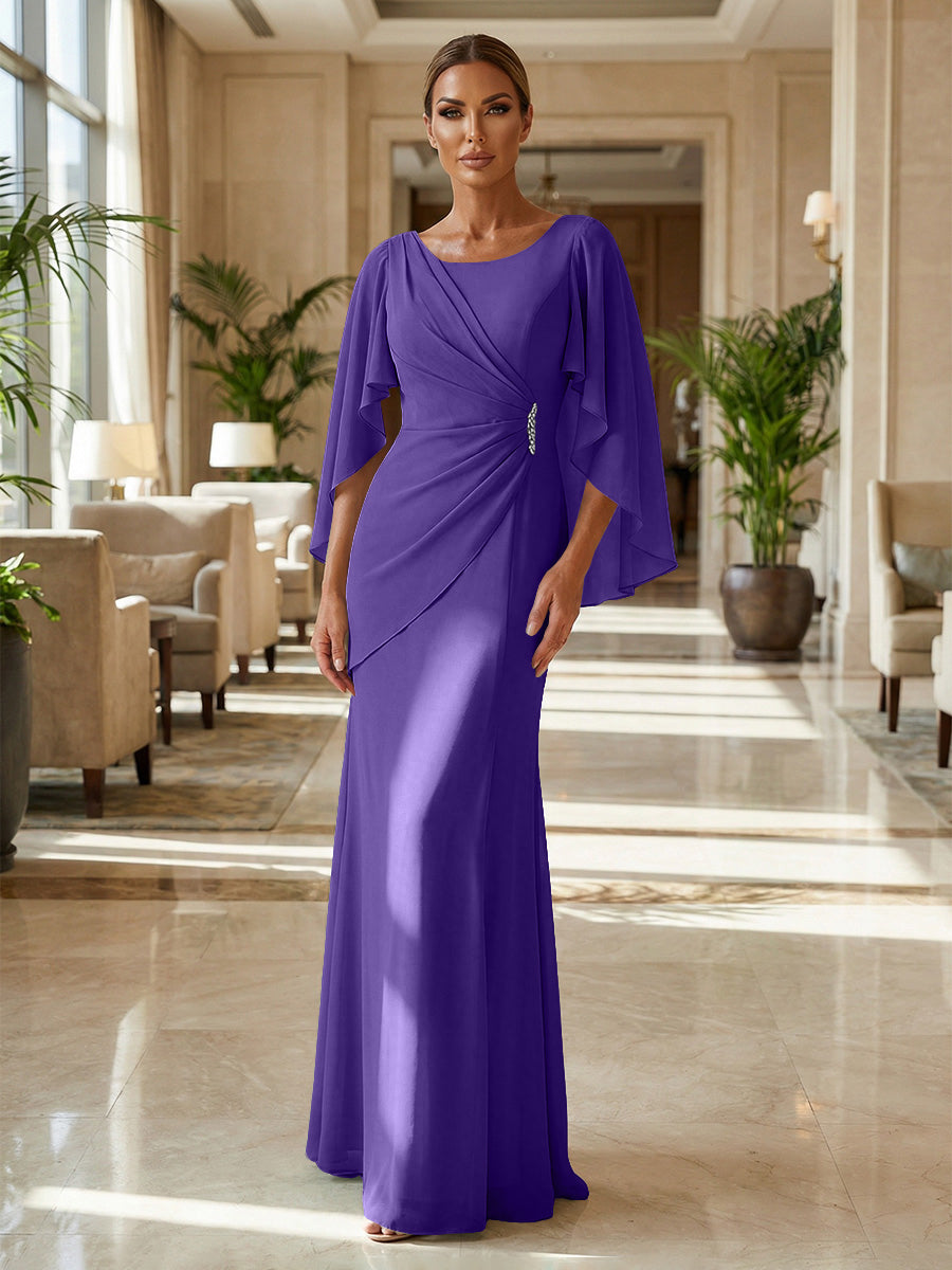 Sheath Chiffon Cape Sleeves Maxi Mother of the Bride & Groom Dresses with Ruched Waist