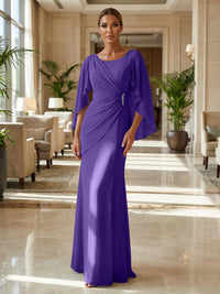 Sheath Chiffon Cape Sleeves Maxi Mother of the Bride & Groom Dresses with Ruched Waist