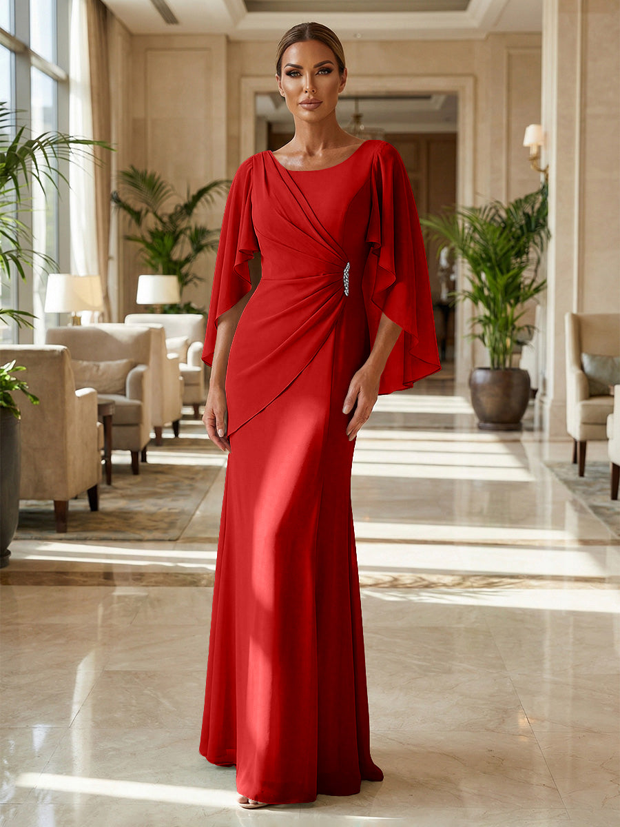 Sheath Chiffon Cape Sleeves Maxi Mother of the Bride & Groom Dresses with Ruched Waist