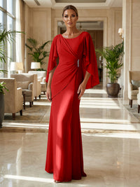 Sheath Chiffon Cape Sleeves Maxi Mother of the Bride & Groom Dresses with Ruched Waist
