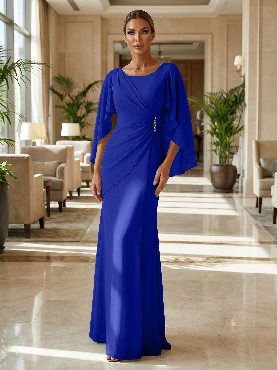 Sheath Chiffon Cape Sleeves Maxi Mother of the Bride & Groom Dresses with Ruched Waist