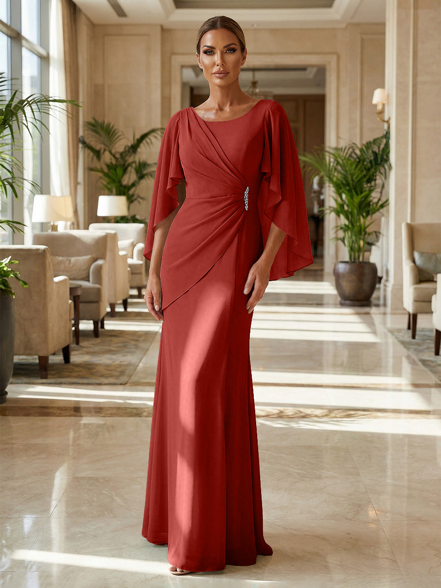 Sheath Chiffon Cape Sleeves Maxi Mother of the Bride & Groom Dresses with Ruched Waist