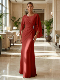 Sheath Chiffon Cape Sleeves Maxi Mother of the Bride & Groom Dresses with Ruched Waist