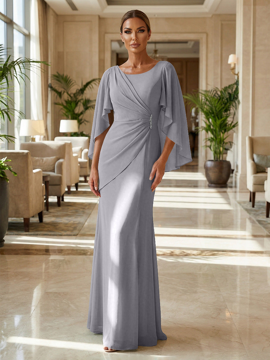 Sheath Chiffon Cape Sleeves Maxi Mother of the Bride & Groom Dresses with Ruched Waist