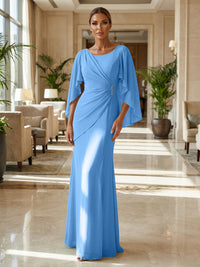 Sheath Chiffon Cape Sleeves Maxi Mother of the Bride & Groom Dresses with Ruched Waist