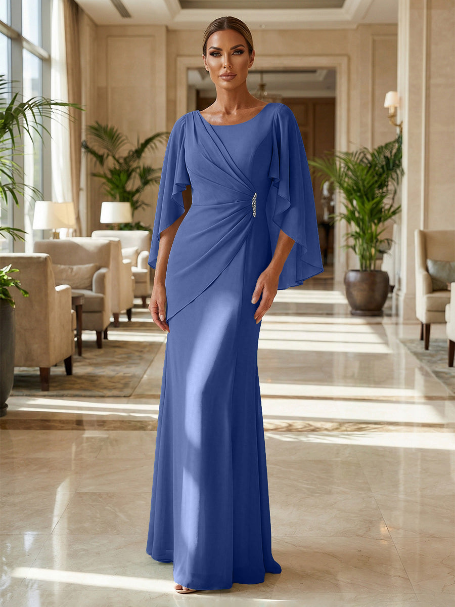 Sheath Chiffon Cape Sleeves Maxi Mother of the Bride & Groom Dresses with Ruched Waist