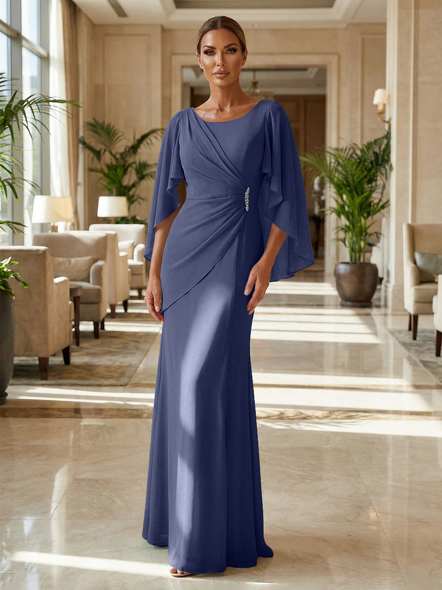 Sheath Chiffon Cape Sleeves Maxi Mother of the Bride & Groom Dresses with Ruched Waist