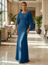 Sheath Chiffon Cape Sleeves Maxi Mother of the Bride & Groom Dresses with Ruched Waist