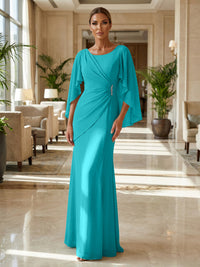 Sheath Chiffon Cape Sleeves Maxi Mother of the Bride & Groom Dresses with Ruched Waist