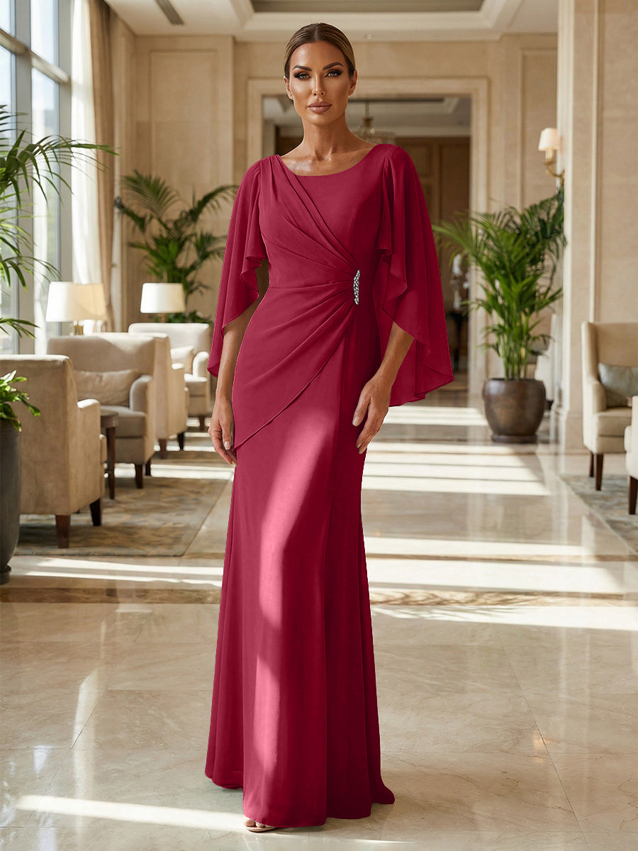 Sheath Chiffon Cape Sleeves Maxi Mother of the Bride & Groom Dresses with Ruched Waist