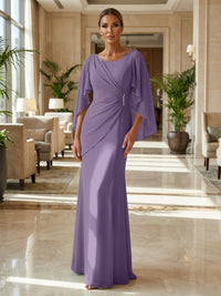 Sheath Chiffon Cape Sleeves Maxi Mother of the Bride & Groom Dresses with Ruched Waist