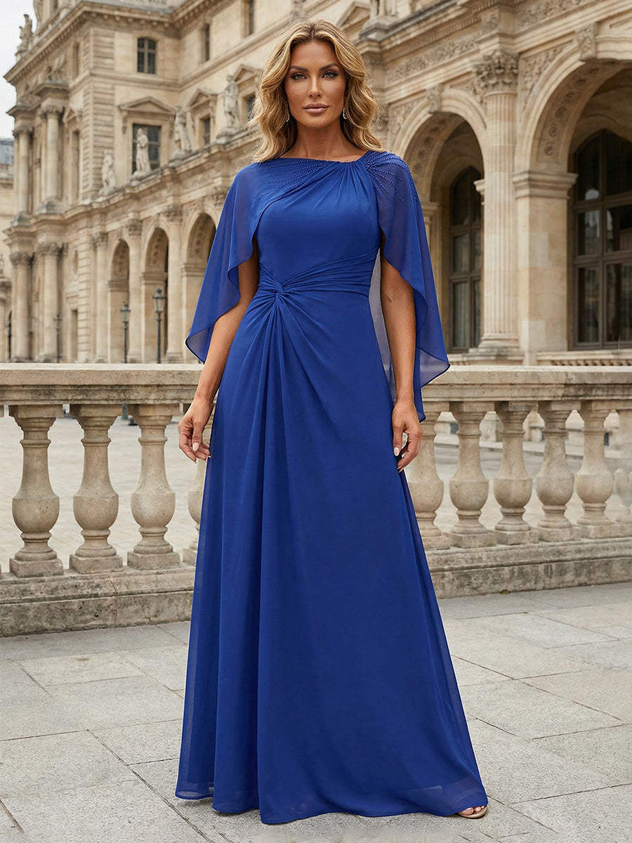 Elegant Chiffon A-Line Cape Sleeves Maxi Mother of the Bride & Groom Dresses with Ruched Waist