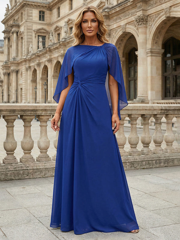 Elegant Chiffon A-Line Cape Sleeves Maxi Mother of the Bride & Groom Dresses with Ruched Waist