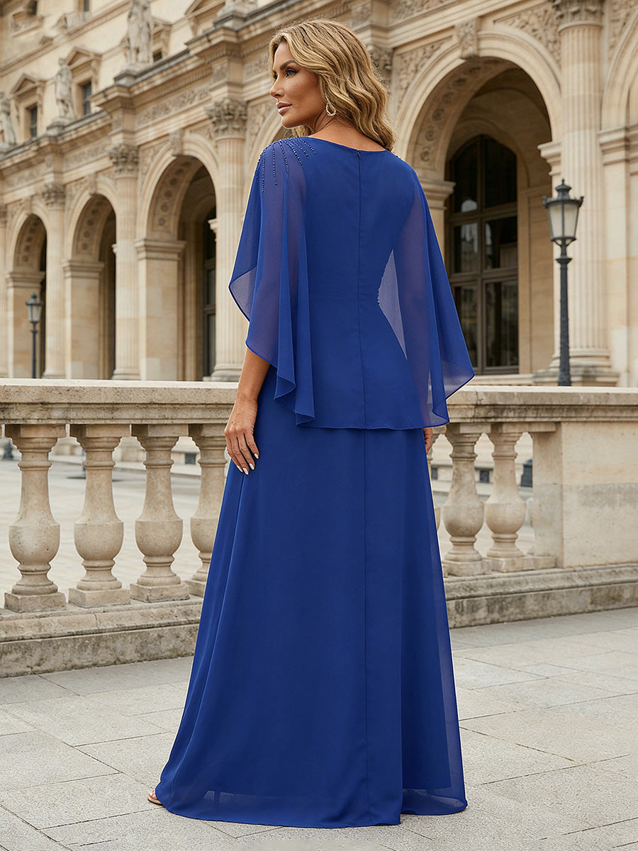 Elegant Chiffon A-Line Cape Sleeves Maxi Mother of the Bride & Groom Dresses with Ruched Waist