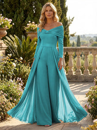Chiffon Pantsuit Off Shoulder Floor-Length Mother of the Bride & Groom Jumpsuit with Pleated