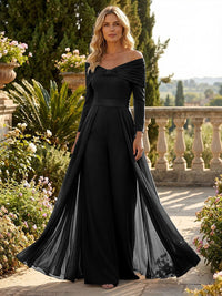 Chiffon Pantsuit Off Shoulder Floor-Length Mother of the Bride & Groom Jumpsuit with Pleated
