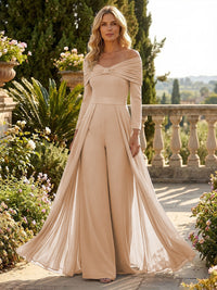 Chiffon Pantsuit Off Shoulder Floor-Length Mother of the Bride & Groom Jumpsuit with Pleated