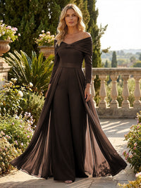 Chiffon Pantsuit Off Shoulder Floor-Length Mother of the Bride & Groom Jumpsuit with Pleated