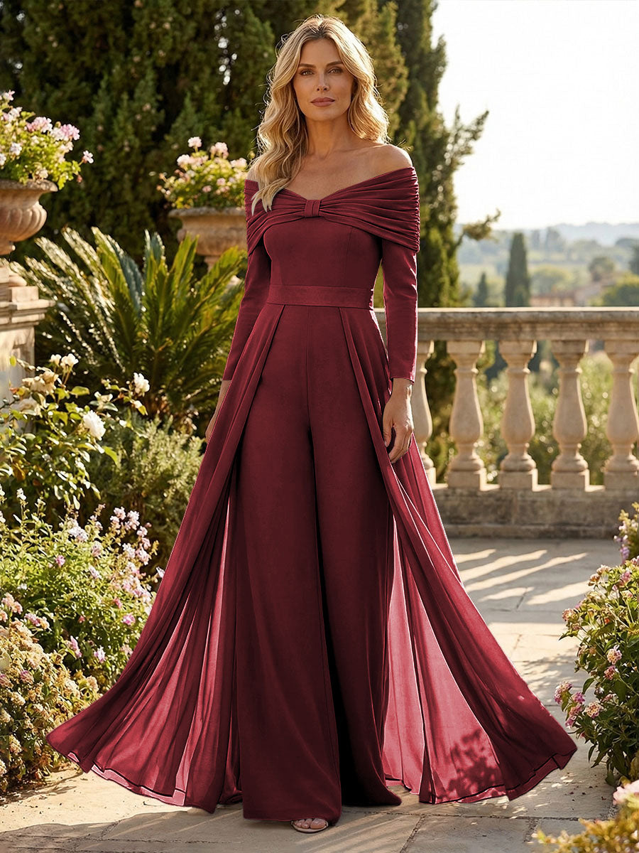 Chiffon Pantsuit Off Shoulder Floor-Length Mother of the Bride & Groom Jumpsuit with Pleated