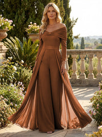 Chiffon Pantsuit Off Shoulder Floor-Length Mother of the Bride & Groom Jumpsuit with Pleated