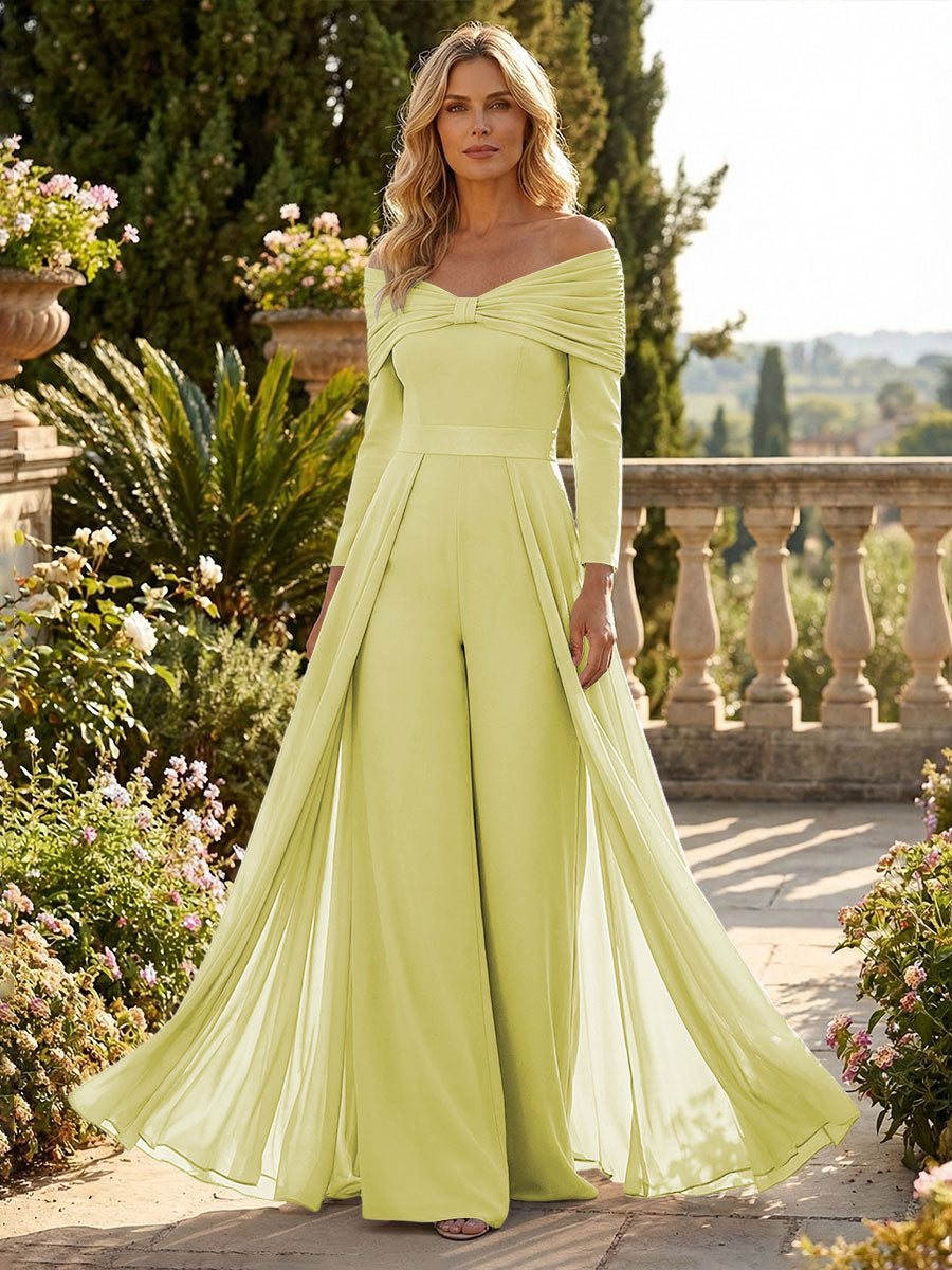 Chiffon Pantsuit Off Shoulder Floor-Length Mother of the Bride & Groom Jumpsuit with Pleated