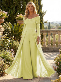 Chiffon Pantsuit Off Shoulder Floor-Length Mother of the Bride & Groom Jumpsuit with Pleated