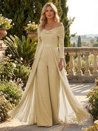 Chiffon Pantsuit Off Shoulder Floor-Length Mother of the Bride & Groom Jumpsuit with Pleated