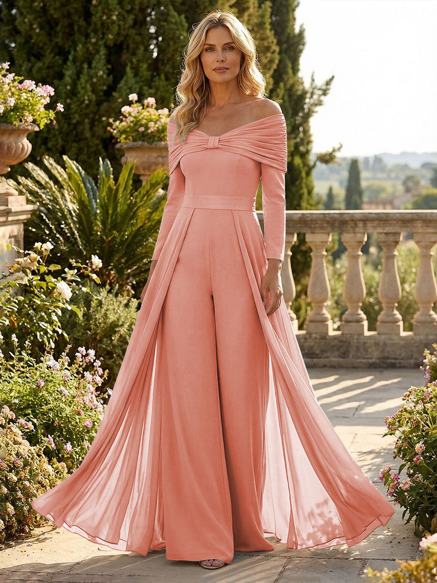 Chiffon Pantsuit Off Shoulder Floor-Length Mother of the Bride & Groom Jumpsuit with Pleated