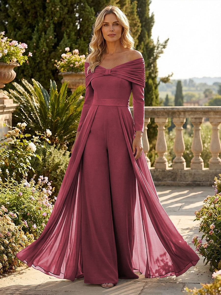 Chiffon Pantsuit Off Shoulder Floor-Length Mother of the Bride & Groom Jumpsuit with Pleated