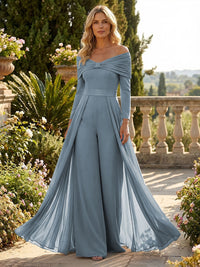 Chiffon Pantsuit Off Shoulder Floor-Length Mother of the Bride & Groom Jumpsuit with Pleated