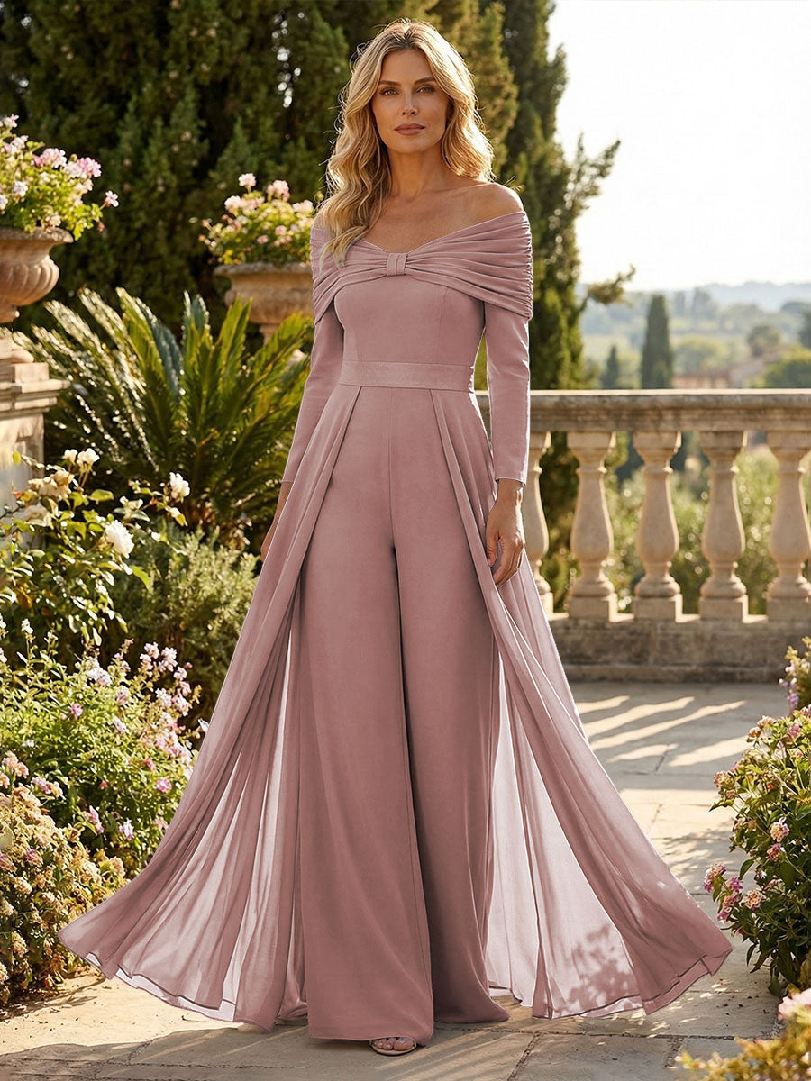 Chiffon Pantsuit Off Shoulder Floor-Length Mother of the Bride & Groom Jumpsuit with Pleated