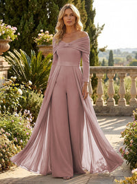 Chiffon Pantsuit Off Shoulder Floor-Length Mother of the Bride & Groom Jumpsuit with Pleated
