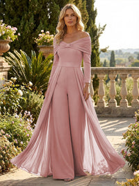 Chiffon Pantsuit Off Shoulder Floor-Length Mother of the Bride & Groom Jumpsuit with Pleated