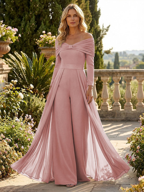 Chiffon Pantsuit Off Shoulder Floor-Length Mother of the Bride & Groom Jumpsuit with Pleated
