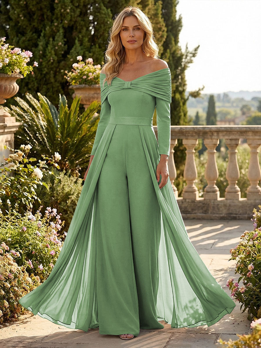 Chiffon Pantsuit Off Shoulder Floor-Length Mother of the Bride & Groom Jumpsuit with Pleated