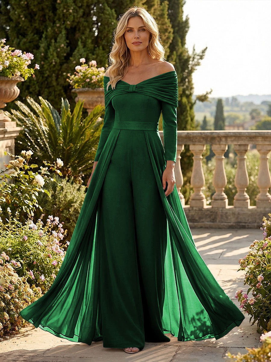Chiffon Pantsuit Off Shoulder Floor-Length Mother of the Bride & Groom Jumpsuit with Pleated
