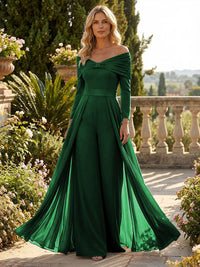 Chiffon Pantsuit Off Shoulder Floor-Length Mother of the Bride & Groom Jumpsuit with Pleated
