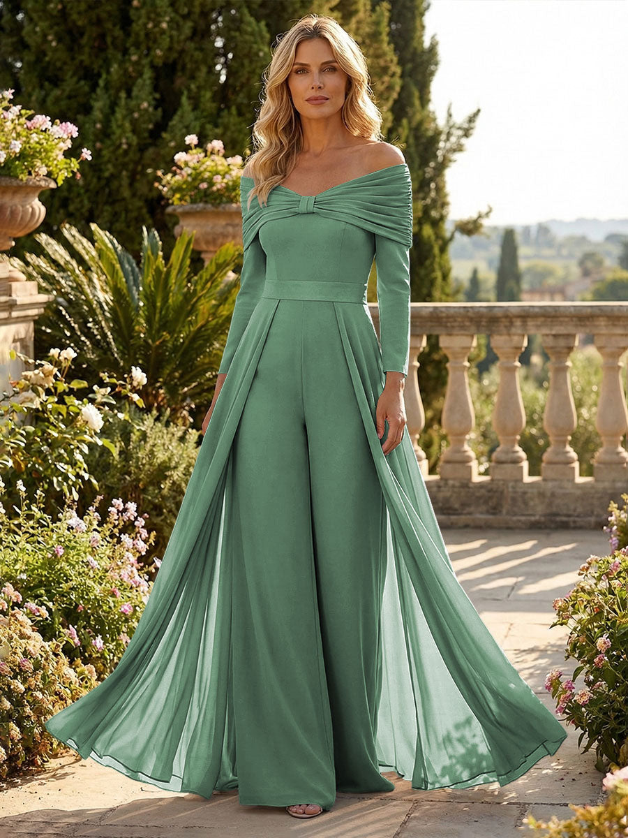 Chiffon Pantsuit Off Shoulder Floor-Length Mother of the Bride & Groom Jumpsuit with Pleated