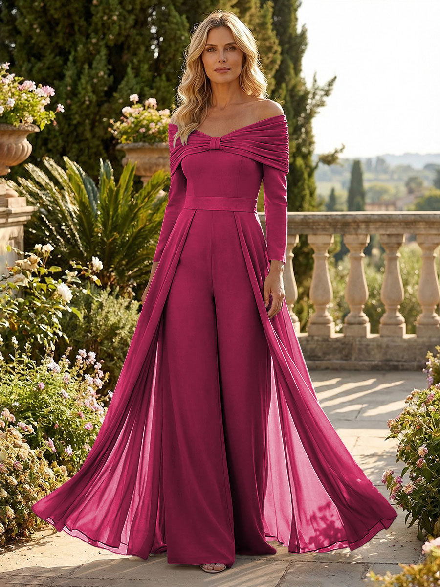 Chiffon Pantsuit Off Shoulder Floor-Length Mother of the Bride & Groom Jumpsuit with Pleated